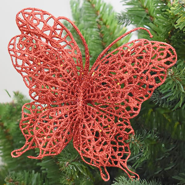 Festlige Julestjerneklips til Træer og Børn - Glitter Sommerfugledekorationer med Simuleret Blomsterbase