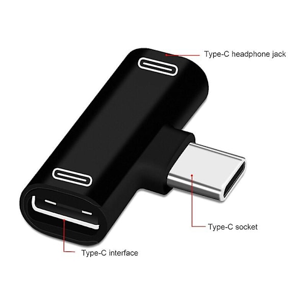 2-i-1 USB-C-splitter, Typ C hane till dubbla Typ C hona, hörlurar och laddare black