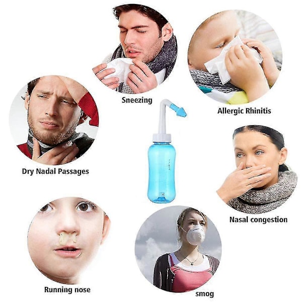 Nenähuuhtelukannu, Sinussarja aikuisille ja lapsille - Sininen - 300 ml Neti Pot nenänhuuhtelupullo (W)