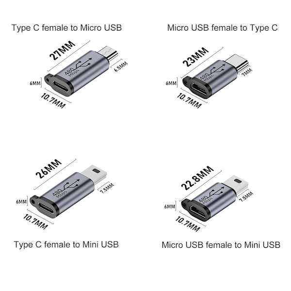 USB-C till Micro USB Mini USB-adapter Typ-C hona till Micro USB hane Konverterare Micro to Mini USB