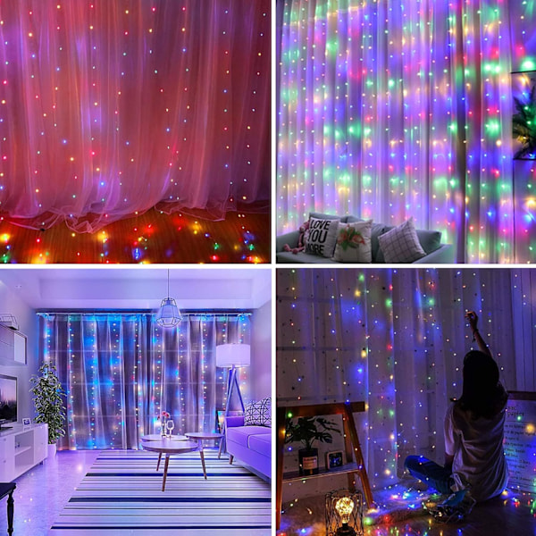 LED-ljusslinga 3 x 3m, 300 LED-lampor 8 lägen, USB-ljusslinga gardin med fjärrkontroll, Jul Warm White