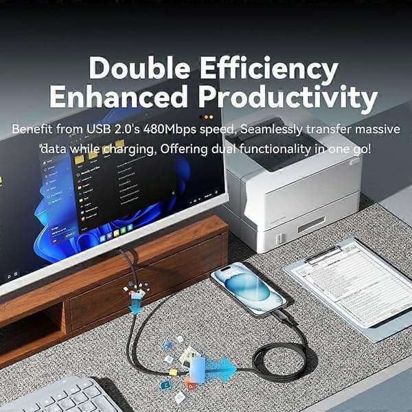 1 m:n tyypin A - tyypin C PD 240 W punottu datakaapeli