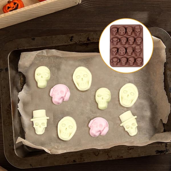 Dödskalleformade bakformar, 3D Halloween gotisk stil, 16 hålrum, non-stick, för godis (W)