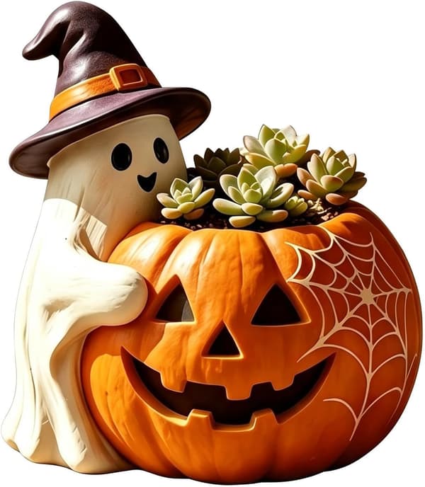 Gotisk urtepotte – Sød dekorativ vase med Halloween-tema (spøgelse og græskar) (W)