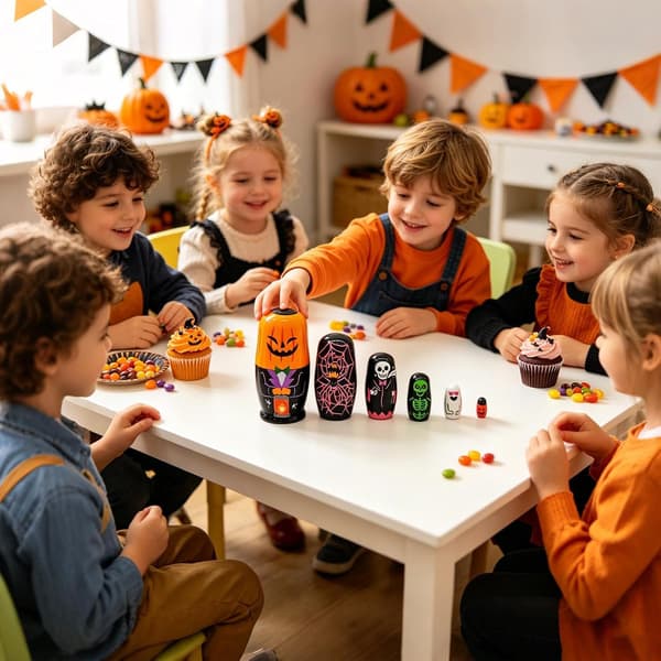 6-lags græskarformede russiske \"nesting dolls\" til Halloween, træstablelegetøj (W)