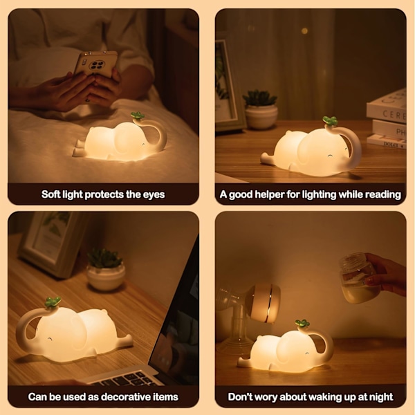 Sød Elefant Silikone Natlampe LED Nyhedslampe 3 Niveauer Dæmpbar Børneværelse Natlampe USB Genopladelig Timer Sovelampe til Børn Indretning