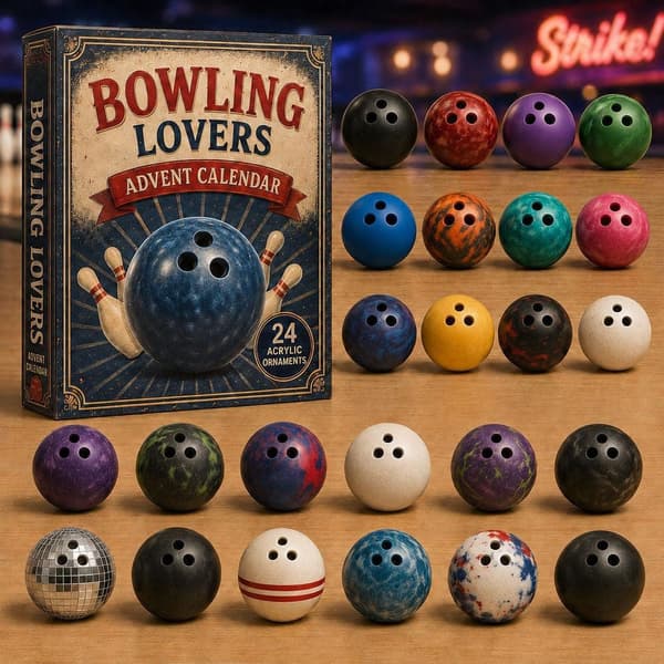 Julekalender 2026 – 2D akrylpynt med bowlingtema, 24-dages kalender. (W)