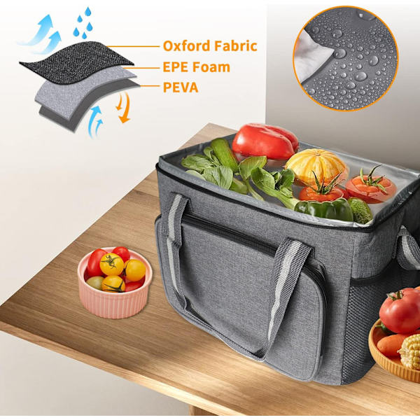 Bärbar 15L Termisk Lunchväska för Camping, Strand, Kontor, Skola - Grå (W)