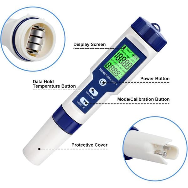 5-i-1 elektronisk pH-meter – måler pH, TDS, EC, salinitet og temperatur.
