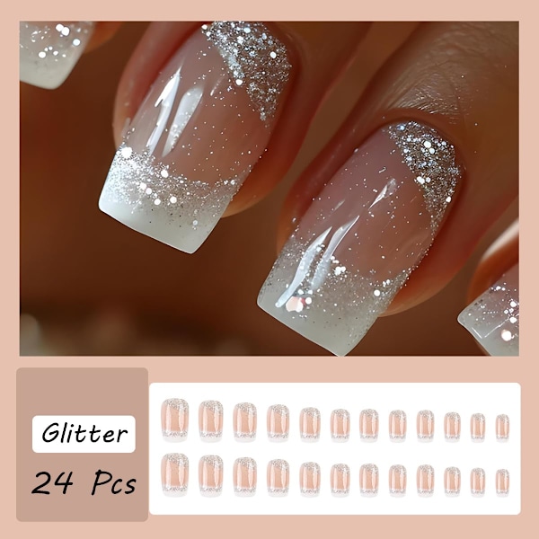 24 stk. Franske Tip Press-on Negle Medium Længde Hvide Franske Tip Falske Negle med Glitter Design Skinnende Falske Negle G (W)