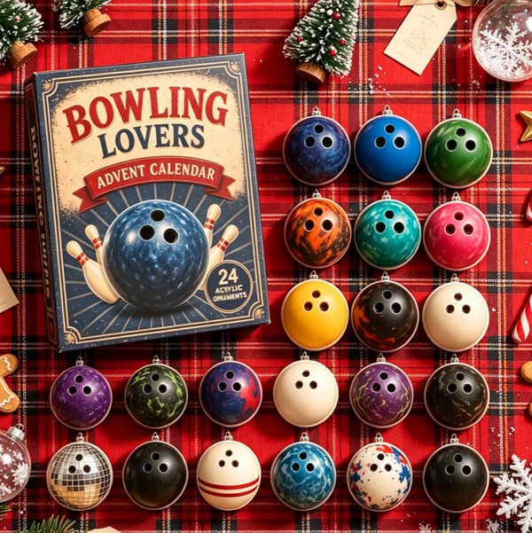 Julekalender 2026 – 2D akrylpynt med bowlingtema, 24-dages kalender. (W)