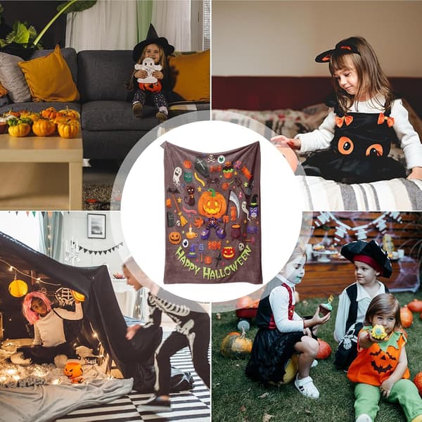 Blødt og varmt Halloween-tæppe med spøgelse-, græskar- og heksedesign, ideelt til fester, børn og voksne (W)