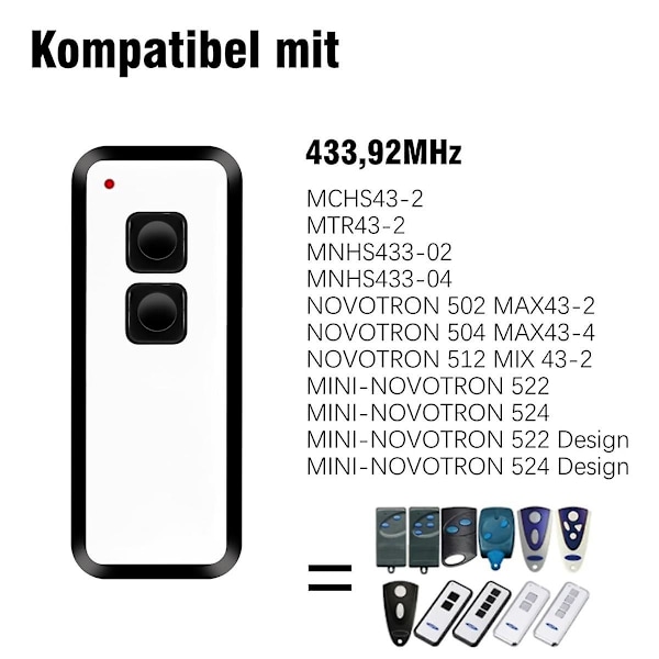 433,92 MHz Garagedörrfjärrkontroll, för NOVOTRON 502 MAX43-2, MINI-, Garagedörröppnare 2-pack