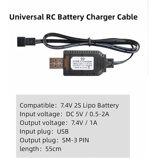 RC Universal USB-ladekabel til 2S 7.4V LiPo-batterier, passer til RC-biler, både, droner, fly