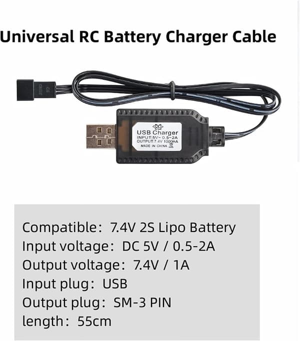 RC Universell USB-ladekabel for 2S 7.4V LiPo-batterier, passer til RC-biler, båter, droner, fly