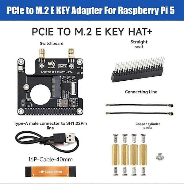 Waveshare PCIe - M.2 E KEY -sovitinkortti HAT+ Raspberry Pi 5:lle, verkkokortin laajennuskortti Suppo (W)