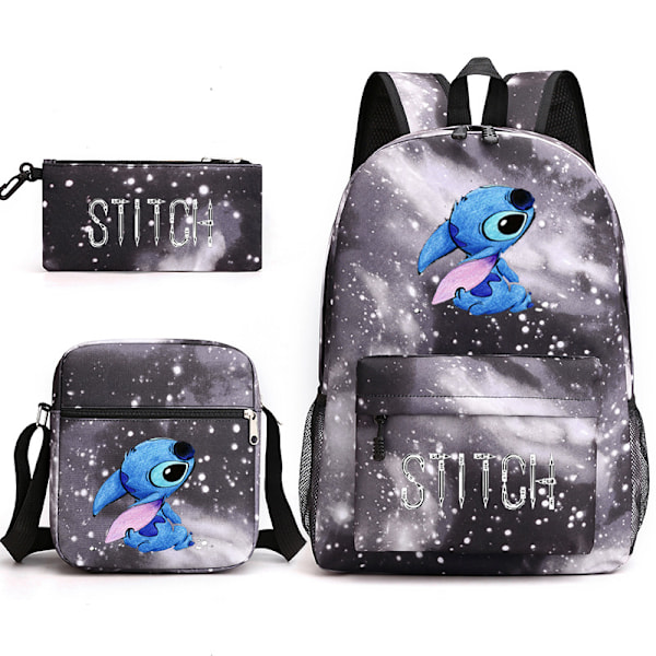 Stitch Kawaii Pojkar Flickor Barn Skola Bokväskor Kvinnor USB Kedja Ryggsäck Canvas Herr Laptop Bagpack(Trepunktsuppsättning) {FW} 1