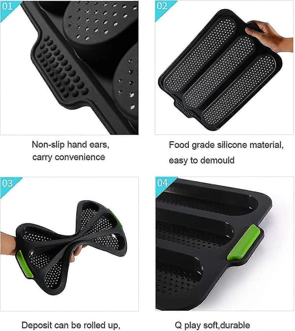 Silikone baguetteform, non-stick 3-bølget franskbrødsbageplade, perforerede silikoneforme til brød (w)
