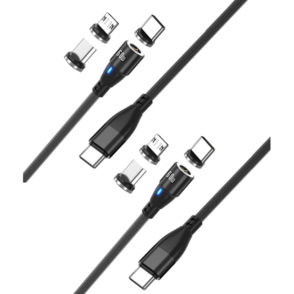 2-pak USB-C 2m 3-i-1 magnetisk ladekabel 60W hurtig lading