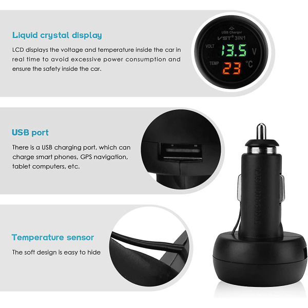 2024 Bil Voltmeter, 3 i 1 12-24v Bil Termometer Bil USB Oplader Voltmeter Med LCD Digital Display Pane fw