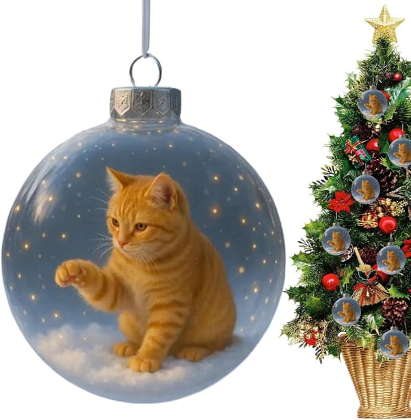 Kattungeformede julekuler, katteformede ornamenter til juletrær, egnet for vinduer, vegger og peiser. (W)