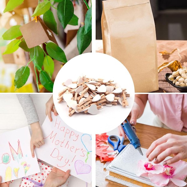 Förpackning med 80 hjärtformade klädnypor, små träklädnypor, vita