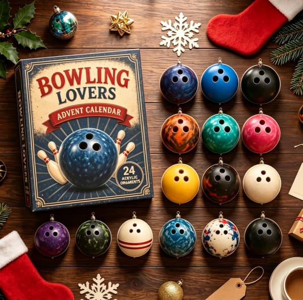 Julekalender 2026 – 2D akrylpynt med bowlingtema, 24-dages kalender. (W)