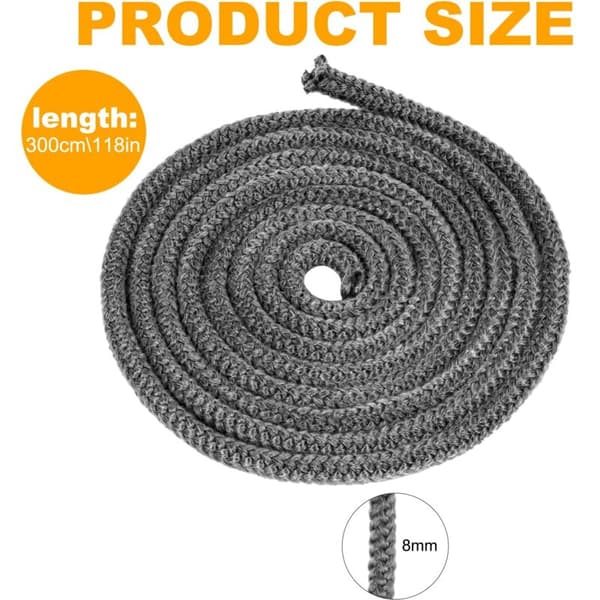 Flätad packning för eldstadsinsatser och kaminer, 8 mm x 3 m glasfiberpackning med 4 remsor, eldfast packning, eldstadsinsatspackning för ved（Fww）