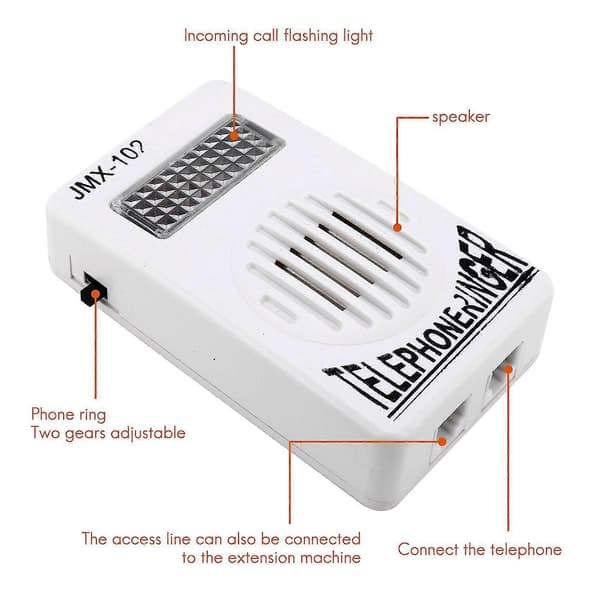 RJ11-adapter forsterket telefonringesignal med lysblink for fasttelefon (hvit)