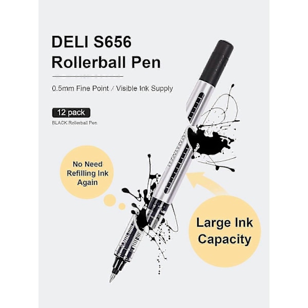 12-pack Svarta Rollerball-pennor, Finspetspennor, 0,5 mm Flytande Bläckpennor, Snabbtorkande, Kladdfria, Blöder Inte. (W)