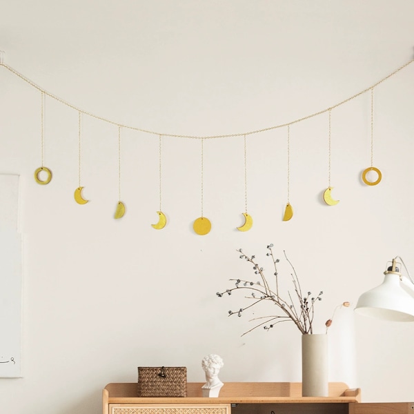 Månefaser Vægophæng Måne Guirlande Dekor Boho Hængende Ornament Måne Hængende Kunst Rumindretning Boho Månefase Guirlande (Guld) (W)