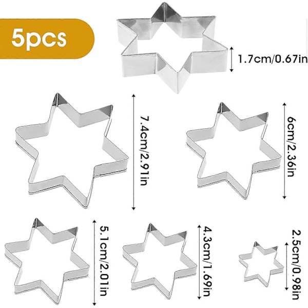 5 stk Stjerneformet Utstikkere for Baking, Fondant Utstikker, Kjeks Utstikkere, Stjerneformet Kjeks Utstikkersett, Seks-Spiss Stjerneform, Sikker i Bruk, Utstikkere for Baking, Kjeks Utstikker
