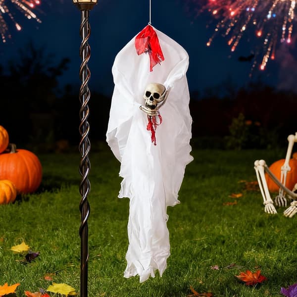 Halloweenpynt: indendørs spøgelse, spøgelsesbrud der holder hoved, uhyggeligt tilbehør (W)