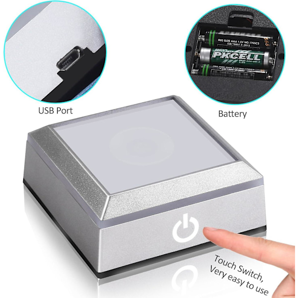 LED Lys Base Flerfarvet Show Stand Display Plade Firkantet Display Belyst Base til Glas Krystal Kunst med Sensitiv Touch Switch (Flad Overflade) (W)