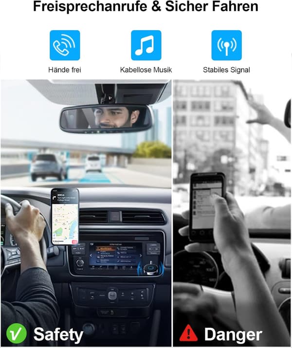 Bil Bluetooth AUX Adapter med Trådløs Bluetooth 5.0 Receiver, Dobbelt Forbindelse, 16 Timers Afspilningstid