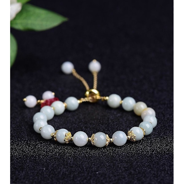 Lysegrønt Jade Armbånd 14K Gyldne Perler Armring med Gylden Kæde til Kvinder (W)