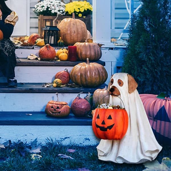 Spøgelseskattefigur i harpiks til Halloween, hvalpepynt med græskarkurv (W)