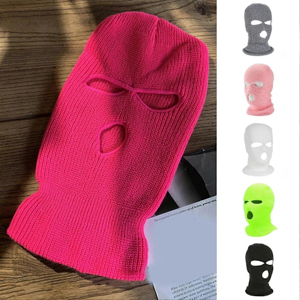 Unisex Strikklue med 3 Hull Design Vindtett Beanie Vinter Myk Varmt Beskyttende Hodeplagg for Utendørs Reiser Rose Red One Size