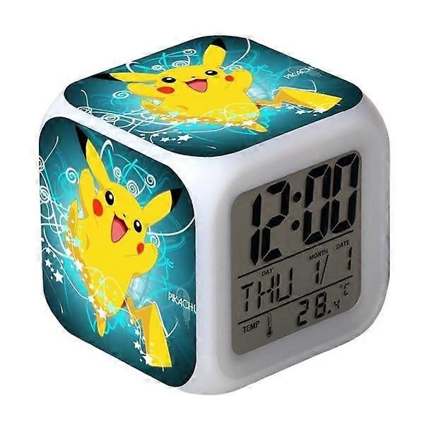 Pikachu Fargerik Vekkerklokke LED Kvadratisk Klokke Digital Vekkerklokke med Tid, Temperatur, Alarm, Dato