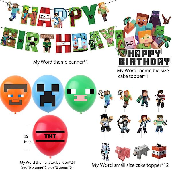 Minecraft-teemainen syntymäpäiväjuhlien ilmapallot, banneri, kakunkoristeet [DB]