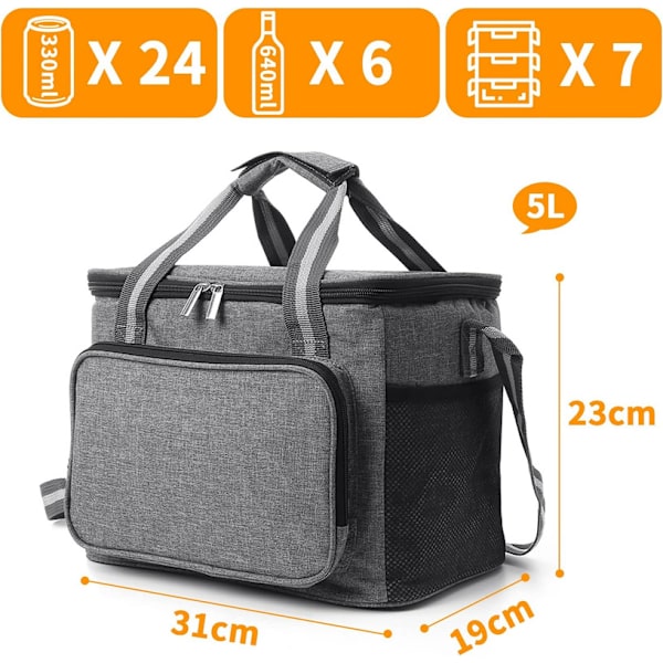 Bärbar 15L Termisk Lunchväska för Camping, Strand, Kontor, Skola - Grå (W)
