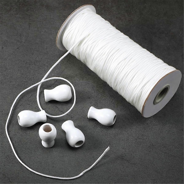 100 meter Romersk Persienne Snor Flettet Løftesnor og 12 Stykker Tre Persienne Snortrekkere for DIY (Hvit)