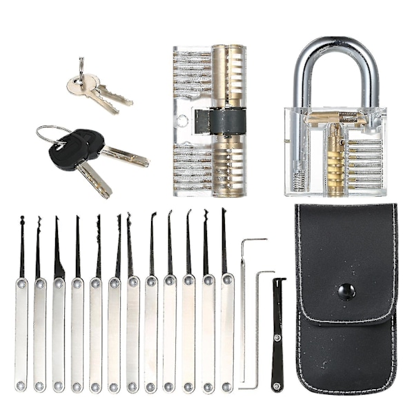 Transparent 15pcs Lock Picking Set Kit Tool Med Två Transparenta Träningspadlock För Låssmeder {FW}