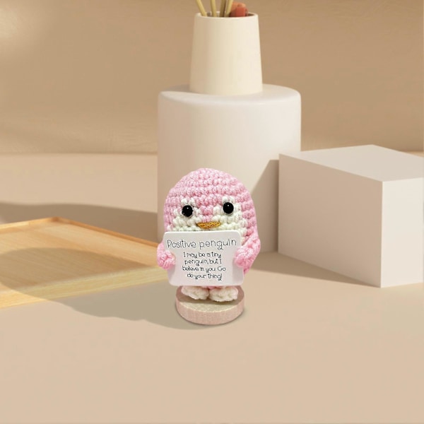 Rolig Positiv Djur Stickad Dockornament Mini Leende Pingvin Handvävd Docka med Positivt Kort Ullgarn Stickad Docka [FW] Pink