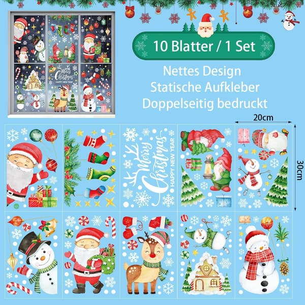 Gjenbrukbare akvarell julevindusdekaler, sett med 10