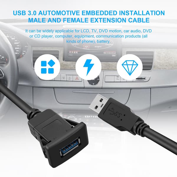 USB 3.0 Socket Kabel - Han til Hun Forlængerledning med Bilmontering til Instrumentbræt eller Panel