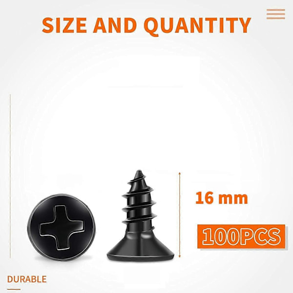 100 KPL Ruostumattomat teräsruuvit 18-8 A2 Ristipää upotettu PH 4 x 16 mm Mustat itsekierteittävät ruuvit, ruostumaton musta oksidi DIY puuruuvi M4 (L)