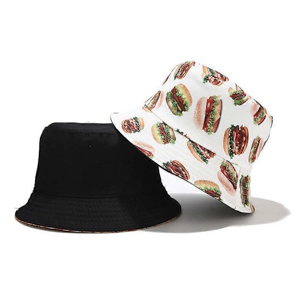 Unisex Dobbeltsidet Vendbar Spandhat Tegneserie Sushi Hamburger Mad 3D Digital Print Bred Skygge Sammenfoldelig Fiskerhat (W)