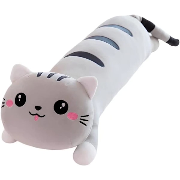 Lång plysch kattkudde, grå squishy kudde för att sova, lång katt