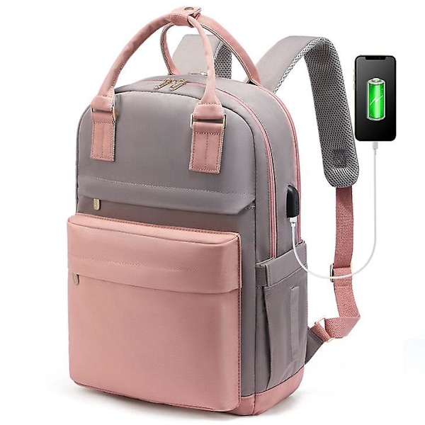 Kvinners Casual Ryggsekk for 15,6 Tommers Laptop, med USB-Lading, Tyverisikker Skole Ryggsekk for Arbeid Reise Universitet Høyskole, Grå Blå [DB] Pink and gray